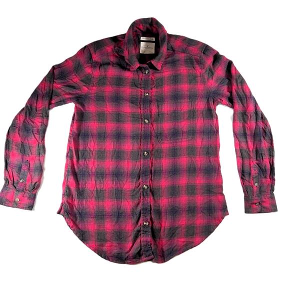 American Eagle Outfitters Button Flannel Shirt Woman S Boyfriend Fit Pink Black - Picture 1 of 15